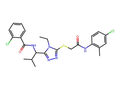2-chloro-N-[1-[5-[2-(4-chloro-2-methylanilino)-2-oxoethyl]sulfanyl-4-ethyl-1,2,4-triazol-3-yl]-2-methylpropyl]benzamide structure