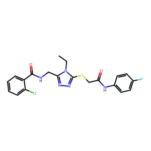 2-chloro-N-[[4-ethyl-5-[2-(4-fluoroanilino)-2-oxoethyl]sulfanyl-1,2,4-triazol-3-yl]methyl]benzamide structure