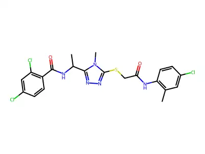 2,4-dichloro-N-[1-[5-[2-(4-chloro-2-methylanilino)-2-oxoethyl]sulfanyl-4-methyl-1,2,4-triazol-3-yl]ethyl]benzamide structure