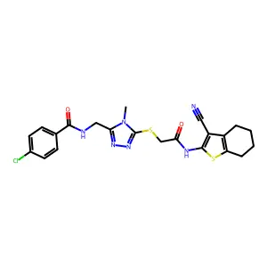 4-chloro-N-[[5-[2-[(3-cyano-4,5,6,7-tetrahydro-1-benzothiophen-2-yl)amino]-2-oxoethyl]sulfanyl-4-methyl-1,2,4-triazol-3-yl]methyl]benzamide structure