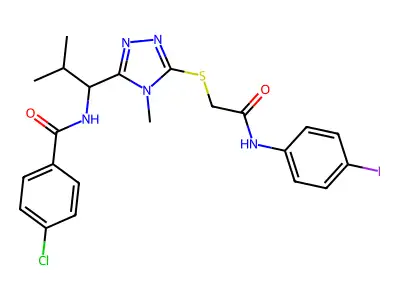 4-chloro-N-[1-[5-[2-(4-iodoanilino)-2-oxoethyl]sulfanyl-4-methyl-1,2,4-triazol-3-yl]-2-methylpropyl]benzamide structure