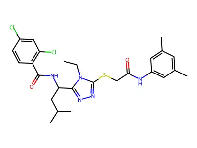 2,4-dichloro-N-[1-[5-[2-(3,5-dimethylanilino)-2-oxoethyl]sulfanyl-4-ethyl-1,2,4-triazol-3-yl]-3-methylbutyl]benzamide structure