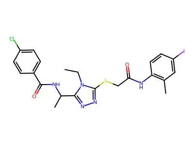 4-chloro-N-[1-[4-ethyl-5-[2-(4-iodo-2-methylanilino)-2-oxoethyl]sulfanyl-1,2,4-triazol-3-yl]ethyl]benzamide structure