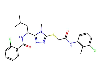 2-chloro-N-[1-[5-[2-(3-chloro-2-methylanilino)-2-oxoethyl]sulfanyl-4-methyl-1,2,4-triazol-3-yl]-3-methylbutyl]benzamide structure