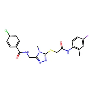 4-chloro-N-[[5-[2-(4-iodo-2-methylanilino)-2-oxoethyl]sulfanyl-4-methyl-1,2,4-triazol-3-yl]methyl]benzamide structure