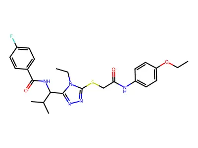 N-{1-[5-({2-[(4-ethoxyphenyl)amino]-2-oxoethyl}sulfanyl)-4-ethyl-4H-1,2,4-triazol-3-yl]-2-methylpropyl}-4-fluorobenzamide structure