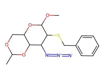 8-azido-7-benzylsulfanyl-6-methoxy-2-methyl-4,4a,6,7,8,8a-hexahydropyrano[3,2-d][1,3]dioxine structure