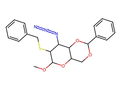 8-azido-7-benzylsulfanyl-6-methoxy-2-phenyl-4,4a,6,7,8,8a-hexahydropyrano[3,2-d][1,3]dioxine structure