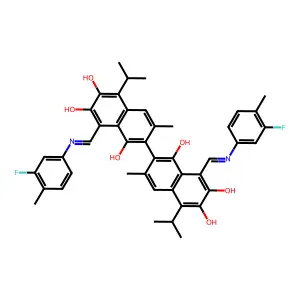 8,8'-Bis(((3-fluoro-4-methylphenyl)imino)methyl)-5,5'-diisopropyl-3,3'-dimethyl-[2,2'-binaphthalene]-1,1',6,6',7,7'-hexaol structure