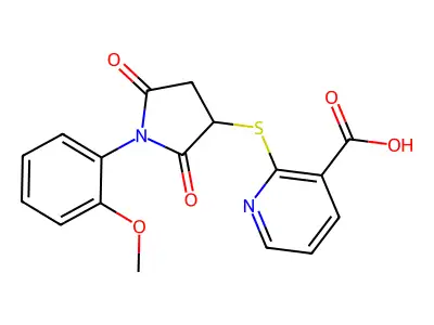 2-{[1-(2-Methoxyphenyl)-2,5-dioxo-3-pyrrolidinyl]thio}nicotinic acid structure