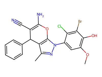 6-amino-1-(3-bromo-2-chloro-4-hydroxy-5-methoxyphenyl)-3-methyl-4-phenyl-1,4-dihydropyrano[2,3-c]pyrazole-5-carbonitrile structure
