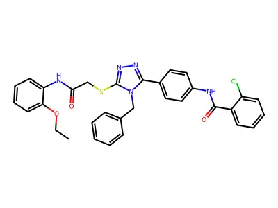 N-[4-[4-benzyl-5-[2-(2-ethoxyanilino)-2-oxoethyl]sulfanyl-1,2,4-triazol-3-yl]phenyl]-2-chlorobenzamide structure