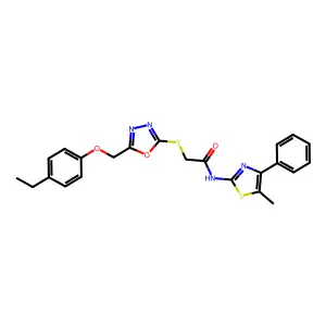 2-({5-[(4-ethylphenoxy)methyl]-1,3,4-oxadiazol-2-yl}sulfanyl)-N-(5-methyl-4-phenyl-1,3-thiazol-2-yl)acetamide structure