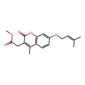 methyl {4-methyl-7-[(3-methylbut-2-en-1-yl)oxy]-2-oxo-2H-chromen-3-yl}acetate structure