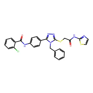 N-[4-[4-benzyl-5-[2-oxo-2-(1,3-thiazol-2-ylamino)ethyl]sulfanyl-1,2,4-triazol-3-yl]phenyl]-2-chlorobenzamide structure