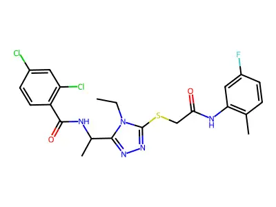 2,4-dichloro-N-[1-[4-ethyl-5-[2-(5-fluoro-2-methylanilino)-2-oxoethyl]sulfanyl-1,2,4-triazol-3-yl]ethyl]benzamide structure