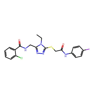 2-chloro-N-[[4-ethyl-5-[2-(4-iodoanilino)-2-oxoethyl]sulfanyl-1,2,4-triazol-3-yl]methyl]benzamide structure