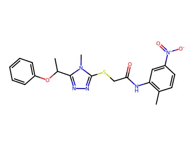 N-(2-methyl-5-nitrophenyl)-2-{[4-methyl-5-(1-phenoxyethyl)-4H-1,2,4-triazol-3-yl]sulfanyl}acetamide structure
