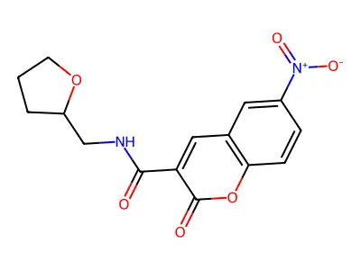 6-nitro-2-oxo-N-(oxolan-2-ylmethyl)chromene-3-carboxamide structure