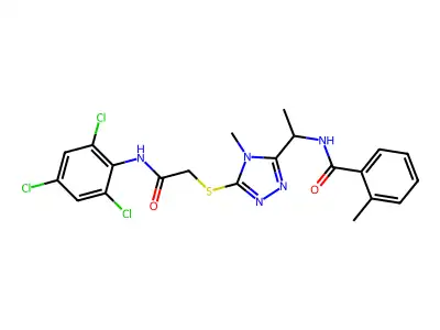 2-methyl-N-[1-[4-methyl-5-[2-oxo-2-(2,4,6-trichloroanilino)ethyl]sulfanyl-1,2,4-triazol-3-yl]ethyl]benzamide structure