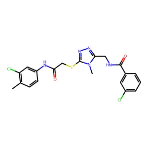 3-chloro-N-[[5-[2-(3-chloro-4-methylanilino)-2-oxoethyl]sulfanyl-4-methyl-1,2,4-triazol-3-yl]methyl]benzamide structure