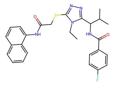 N-[1-(4-ethyl-5-{[2-(naphthalen-1-ylamino)-2-oxoethyl]sulfanyl}-4H-1,2,4-triazol-3-yl)-2-methylpropyl]-4-fluorobenzamide structure