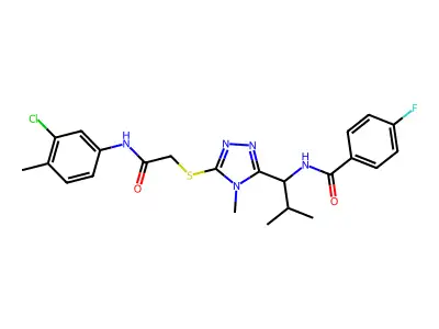 N-{1-[5-({2-[(3-chloro-4-methylphenyl)amino]-2-oxoethyl}sulfanyl)-4-methyl-4H-1,2,4-triazol-3-yl]-2-methylpropyl}-4-fluorobenzamide structure