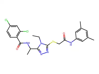 2,4-dichloro-N-[1-[5-[2-(3,5-dimethylanilino)-2-oxoethyl]sulfanyl-4-ethyl-1,2,4-triazol-3-yl]ethyl]benzamide structure