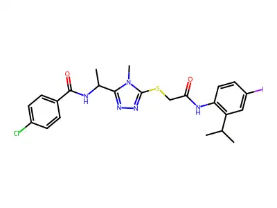 4-chloro-N-(1-{5-[(2-{[4-iodo-2-(propan-2-yl)phenyl]amino}-2-oxoethyl)sulfanyl]-4-methyl-4H-1,2,4-triazol-3-yl}ethyl)benzamide structure