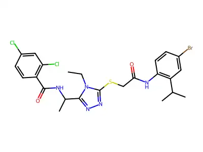 N-(1-{5-[(2-{[4-bromo-2-(propan-2-yl)phenyl]amino}-2-oxoethyl)sulfanyl]-4-ethyl-4H-1,2,4-triazol-3-yl}ethyl)-2,4-dichlorobenzamide structure