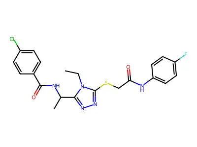 4-chloro-N-[1-[4-ethyl-5-[2-(4-fluoroanilino)-2-oxoethyl]sulfanyl-1,2,4-triazol-3-yl]ethyl]benzamide structure