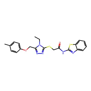N-(1,3-benzothiazol-2-yl)-2-({4-ethyl-5-[(4-methylphenoxy)methyl]-4H-1,2,4-triazol-3-yl}sulfanyl)acetamide structure