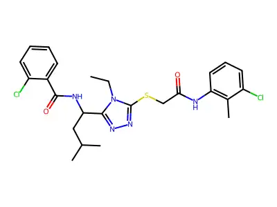 2-chloro-N-[1-[5-[2-(3-chloro-2-methylanilino)-2-oxoethyl]sulfanyl-4-ethyl-1,2,4-triazol-3-yl]-3-methylbutyl]benzamide structure