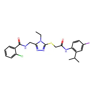 2-chloro-N-({4-ethyl-5-[(2-{[4-iodo-2-(propan-2-yl)phenyl]amino}-2-oxoethyl)sulfanyl]-4H-1,2,4-triazol-3-yl}methyl)benzamide structure