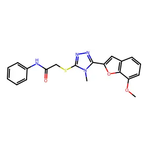 2-[[5-(7-methoxy-1-benzofuran-2-yl)-4-methyl-1,2,4-triazol-3-yl]sulfanyl]-N-phenylacetamide structure