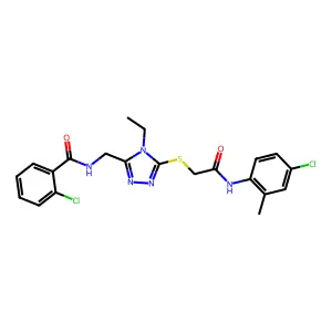 2-chloro-N-[[5-[2-(4-chloro-2-methylanilino)-2-oxoethyl]sulfanyl-4-ethyl-1,2,4-triazol-3-yl]methyl]benzamide structure