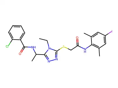 2-chloro-N-[1-[4-ethyl-5-[2-(4-iodo-2,6-dimethylanilino)-2-oxoethyl]sulfanyl-1,2,4-triazol-3-yl]ethyl]benzamide structure
