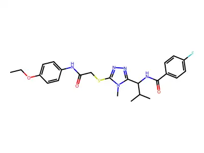N-{1-[5-({2-[(4-ethoxyphenyl)amino]-2-oxoethyl}sulfanyl)-4-methyl-4H-1,2,4-triazol-3-yl]-2-methylpropyl}-4-fluorobenzamide structure