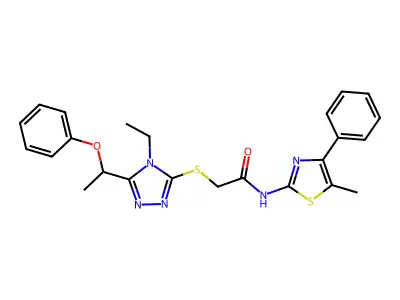 2-[[4-ethyl-5-(1-phenoxyethyl)-1,2,4-triazol-3-yl]sulfanyl]-N-(5-methyl-4-phenyl-1,3-thiazol-2-yl)acetamide structure