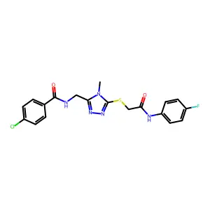 4-chloro-N-[[5-[2-(4-fluoroanilino)-2-oxoethyl]sulfanyl-4-methyl-1,2,4-triazol-3-yl]methyl]benzamide structure