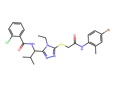 N-[1-[5-[2-(4-bromo-2-methylanilino)-2-oxoethyl]sulfanyl-4-ethyl-1,2,4-triazol-3-yl]-2-methylpropyl]-2-chlorobenzamide structure