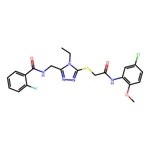 N-[[5-[2-(5-chloro-2-methoxyanilino)-2-oxoethyl]sulfanyl-4-ethyl-1,2,4-triazol-3-yl]methyl]-2-fluorobenzamide structure
