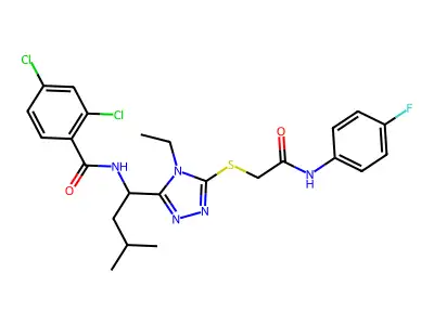 2,4-dichloro-N-[1-[4-ethyl-5-[2-(4-fluoroanilino)-2-oxoethyl]sulfanyl-1,2,4-triazol-3-yl]-3-methylbutyl]benzamide structure