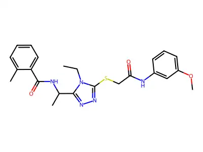 N-[1-[4-ethyl-5-[2-(3-methoxyanilino)-2-oxoethyl]sulfanyl-1,2,4-triazol-3-yl]ethyl]-2-methylbenzamide structure