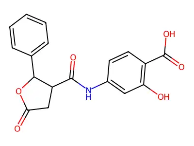2-Hydroxy-4-(5-oxo-2-phenyltetrahydrofuran-3-carboxamido)benzoic acid structure