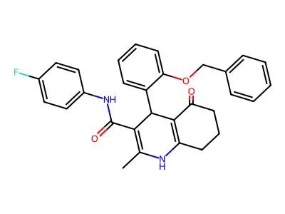 N-(4-fluorophenyl)-2-methyl-5-oxo-4-(2-phenylmethoxyphenyl)-4,6,7,8-tetrahydro-1H-quinoline-3-carboxamide structure