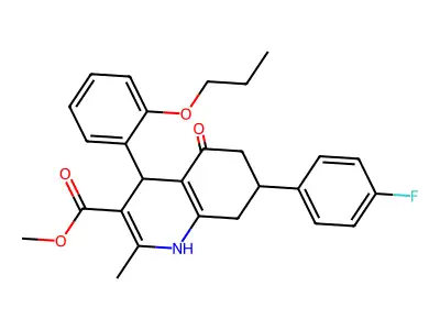 methyl 7-(4-fluorophenyl)-2-methyl-5-oxo-4-(2-propoxyphenyl)-1,4,5,6,7,8-hexahydroquinoline-3-carboxylate structure