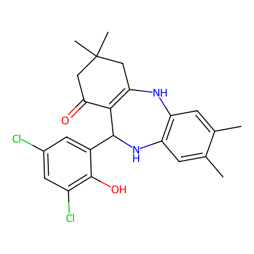 11-(3,5-dichloro-2-hydroxyphenyl)-3,3,7,8-tetramethyl-2,3,4,5,10,11-hexahydro-1H-dibenzo[b,e][1,4]diazepin-1-one structure