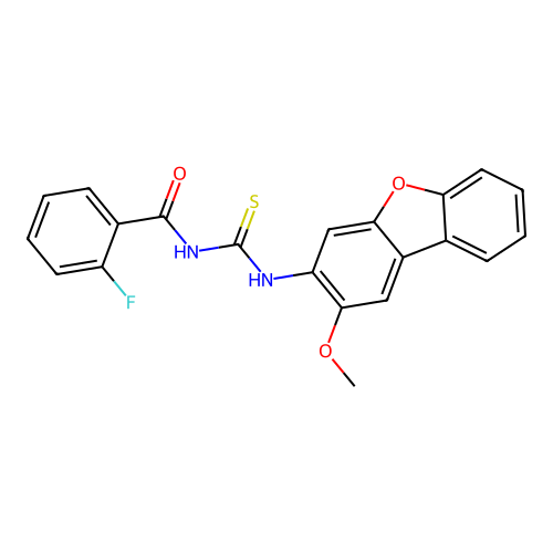 2-fluoro-N-((2-methoxydibenzo[b,d]furan-3-yl)carbamothioyl)benzamide structure