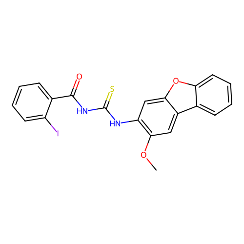 2-iodo-N-((2-methoxydibenzo[b,d]furan-3-yl)carbamothioyl)benzamide structure